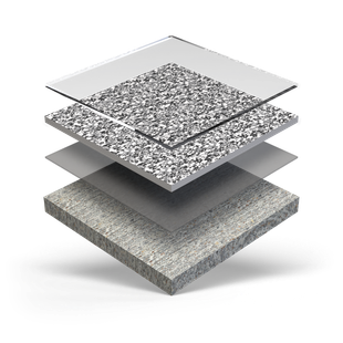 A stack of three pieces of granite , concrete , and glass.