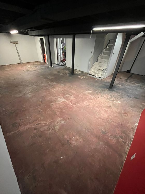 An empty basement with a red carpet and stairs.