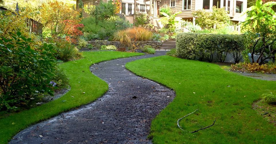 A path in a garden with a house in the background