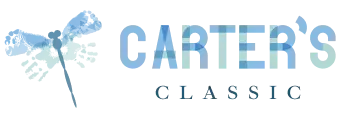 Carter’s Classic logo with blue dragonfly and light blue serif text on white background