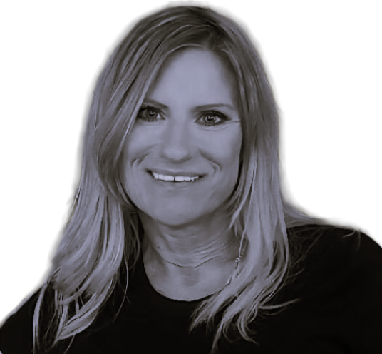Smiling woman with long hair in a black top, photographed against a plain light background
