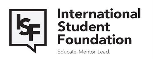 International Student Foundation logo with black speech bubble icon and motto “Educate. Mentor. Lead.”