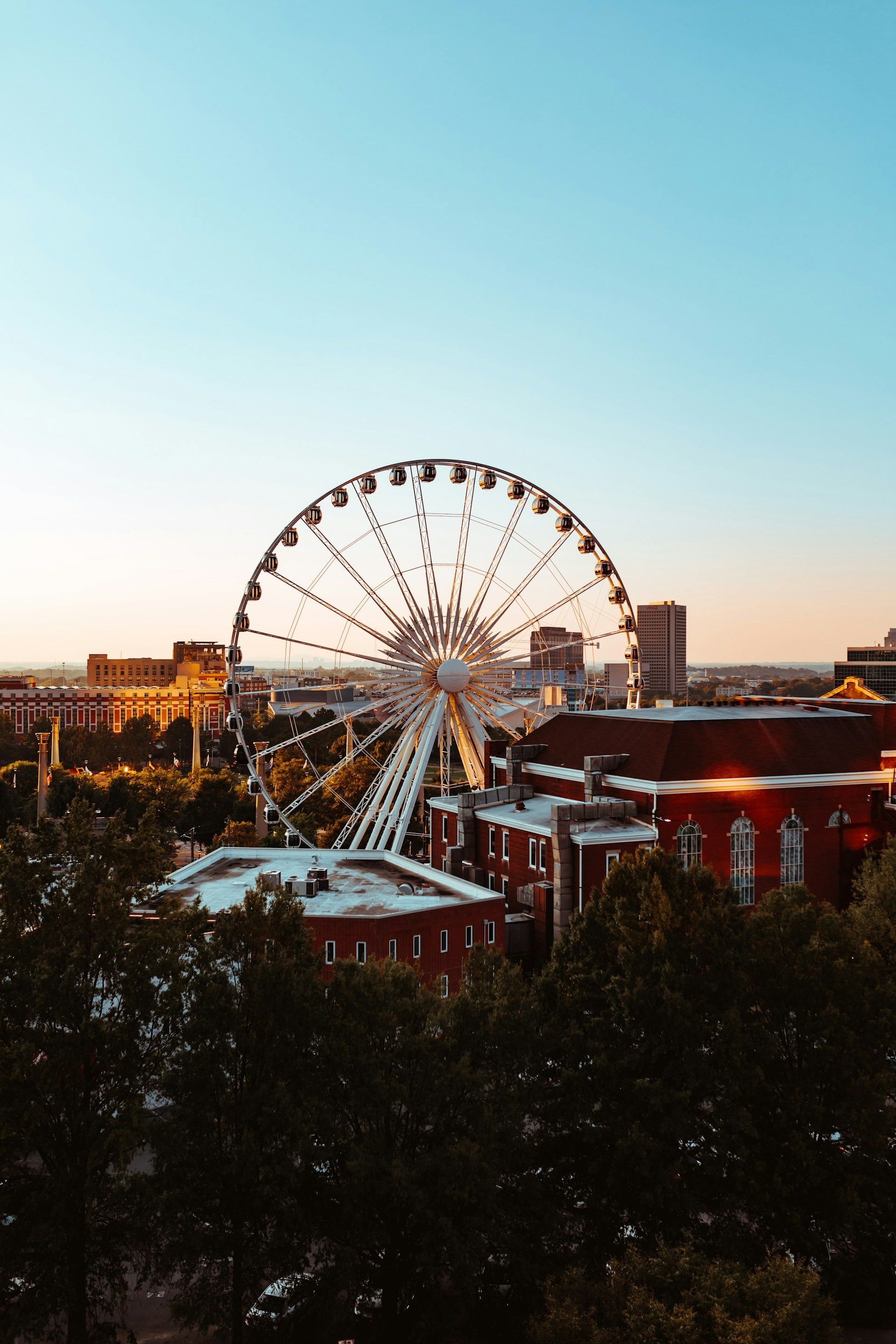 Ferris wheel at sunset above trees and red-roofed buildings in a city skyline