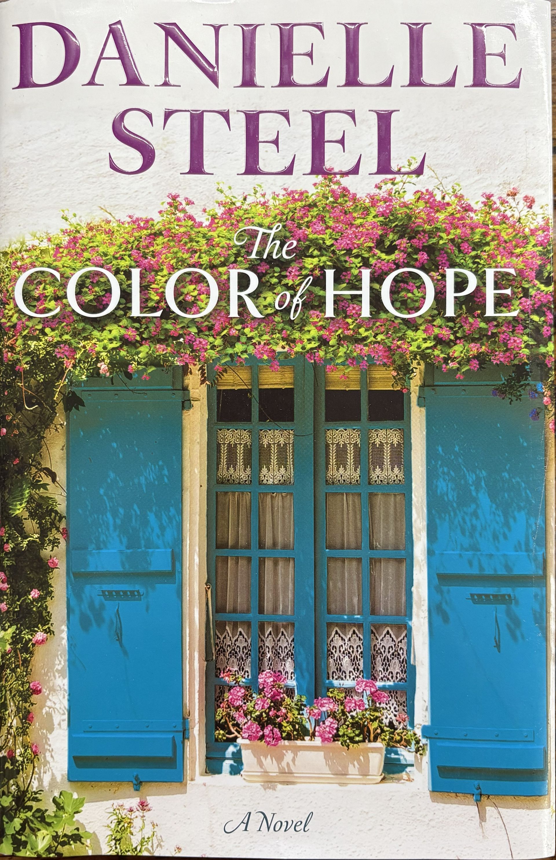 Book Title: "The Color of Hope" by Danielle Steel. Cover displays a colorful background with blue window and flowers.