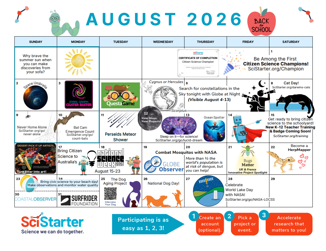 August 2026 calendar with SciStarter projects & holidays. 