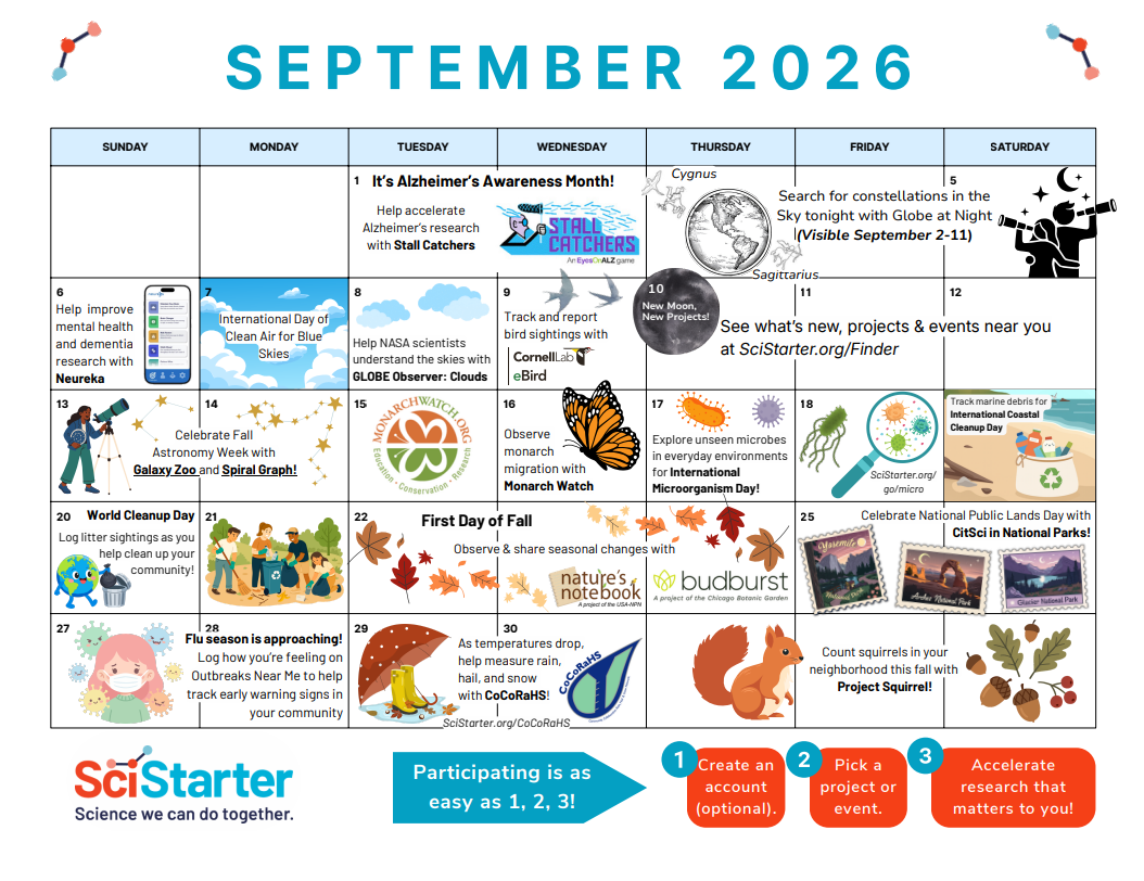 September 2026 calendar with SciStarter projects & holidays. 