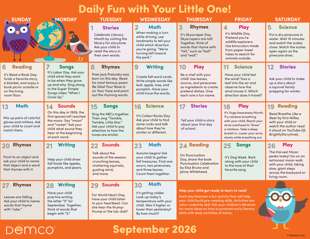 September 2026 calendar with daily activities for young children. Features cartoon animals.