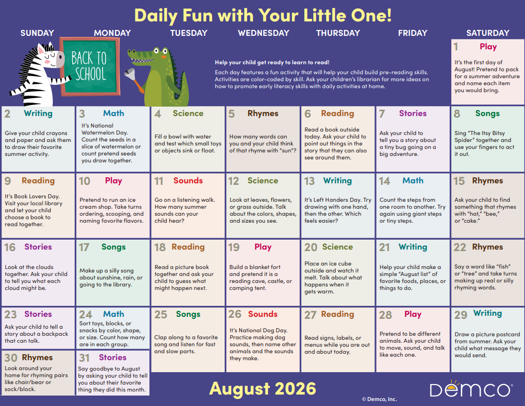 August 2026 calendar with daily activities for young children. Features cartoon animals.