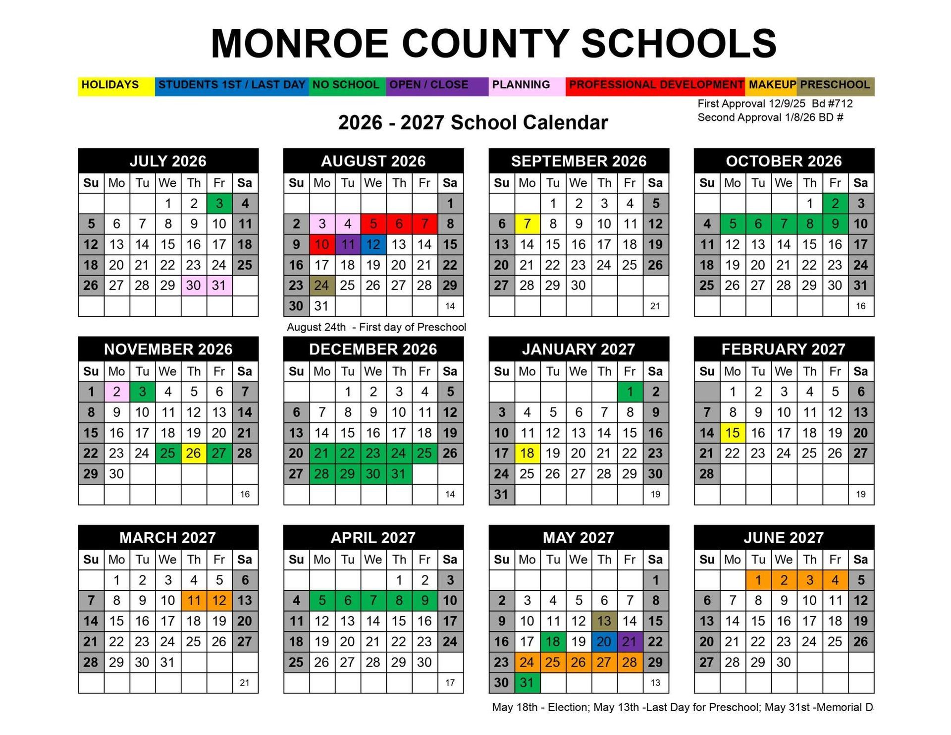 Monroe County Schools 2026-2027 school calendar, showing monthly dates, holidays, and school breaks.