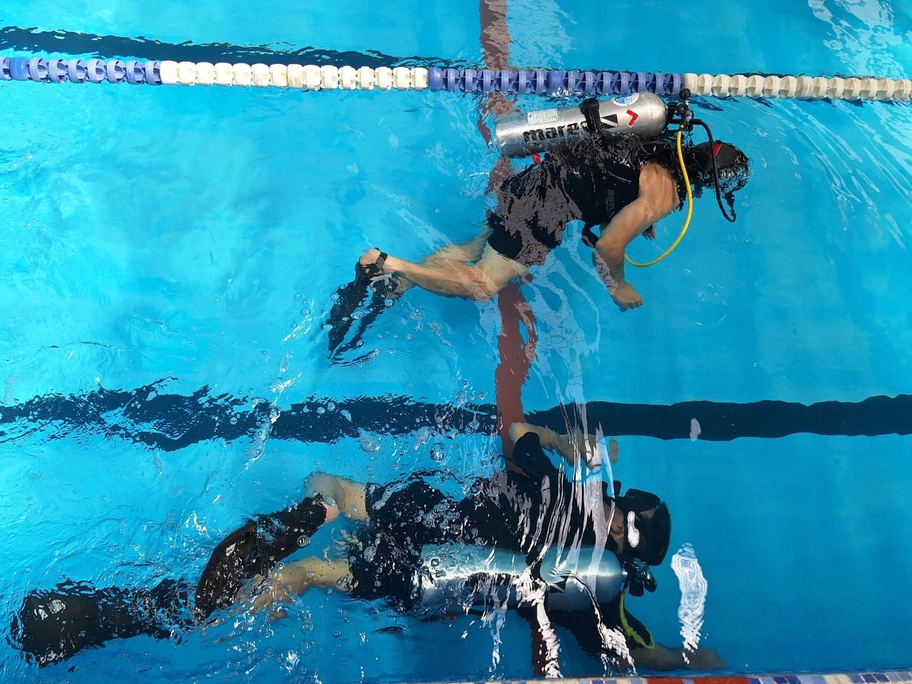 Dos personas con equipo de buceo nadando bajo el agua en una piscina azul.