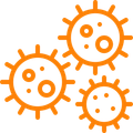 Three orange icons of bacteria on a white background.