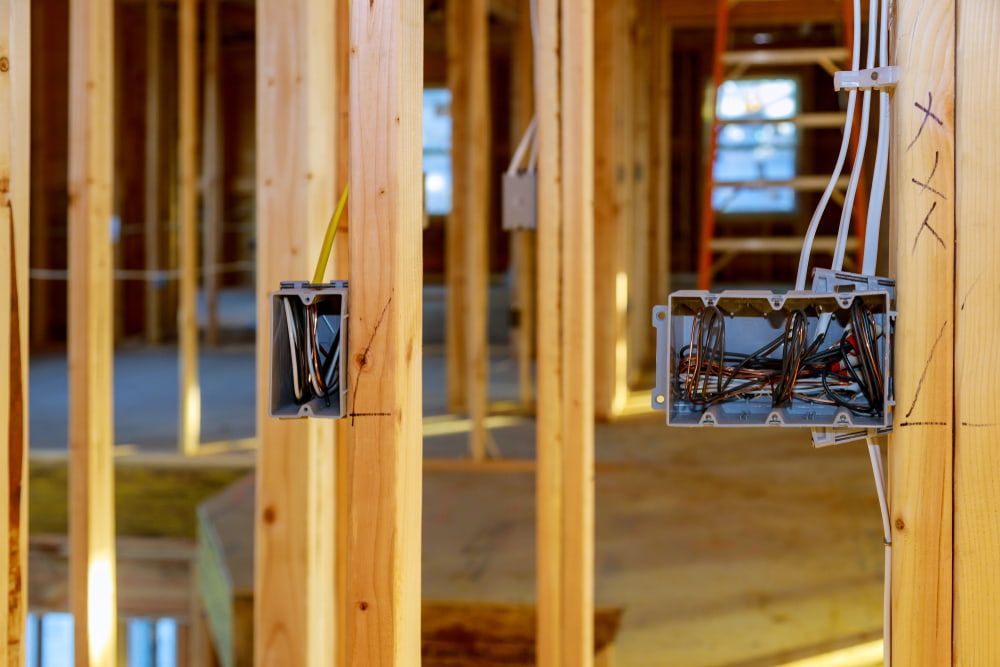 A House Is Being Built With Wooden Beams And Electrical Boxes  — Greg Keft Electrical in Port Macquarie, NSW