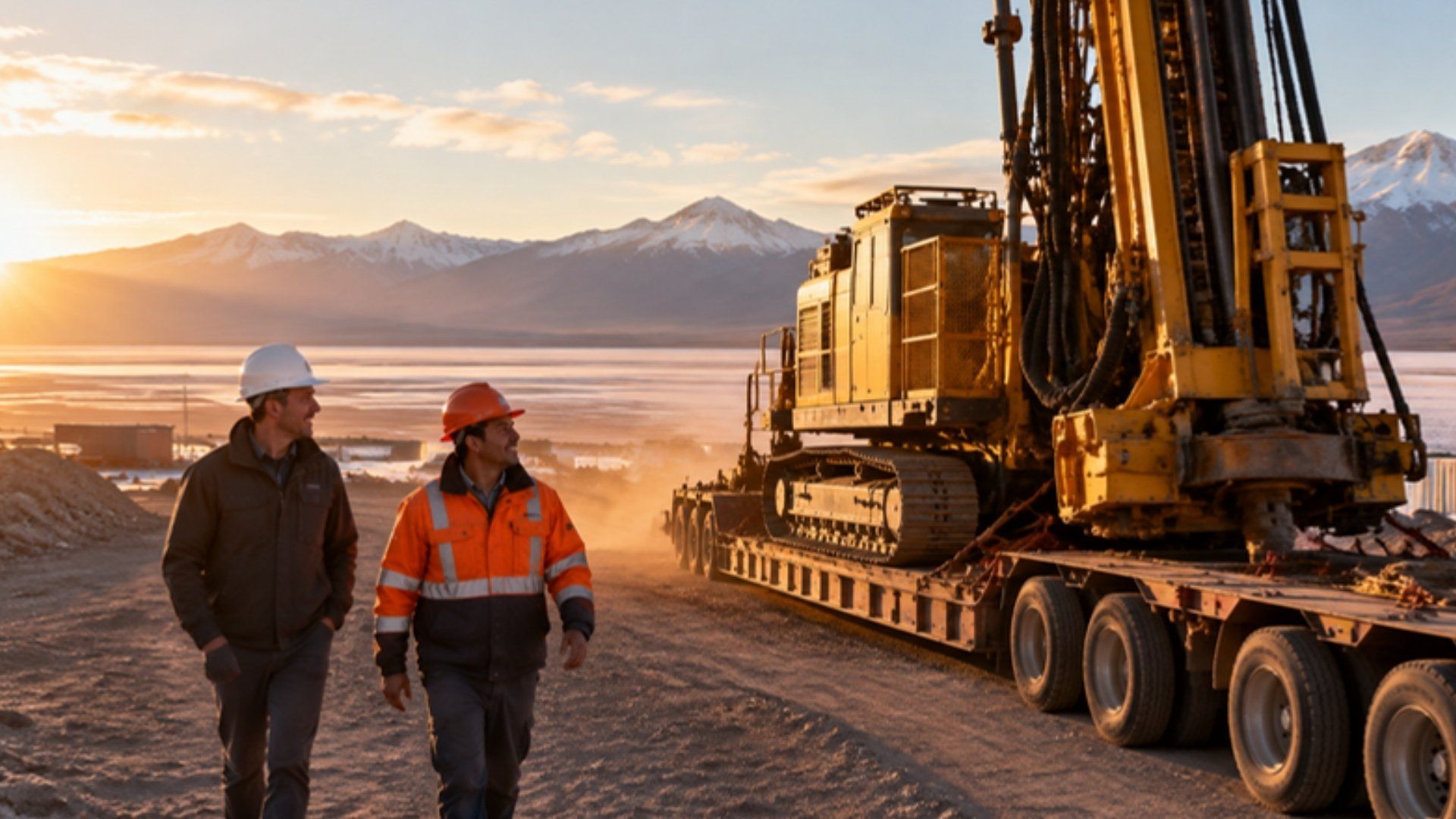 Ingeniero europeo y jefe de mina argentino junto a una perforadora recién llegada para exportar equipos mineros a Argentina