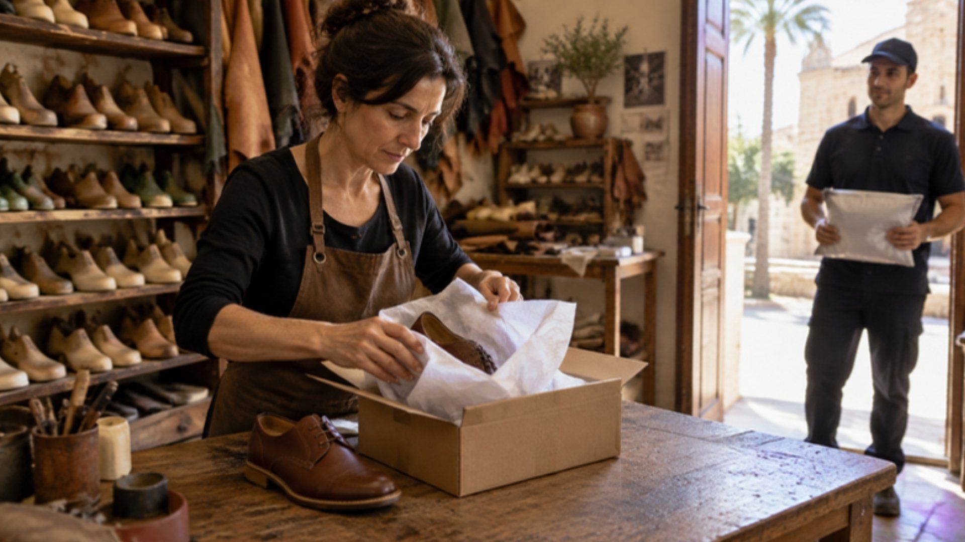 Zapatera de Elche embala una muestra de calzado para enviar muestras a Argentina por courier