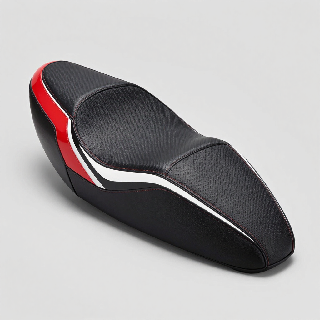 Asiento de motocicleta negro con detalles en rojo y blanco sobre un fondo claro