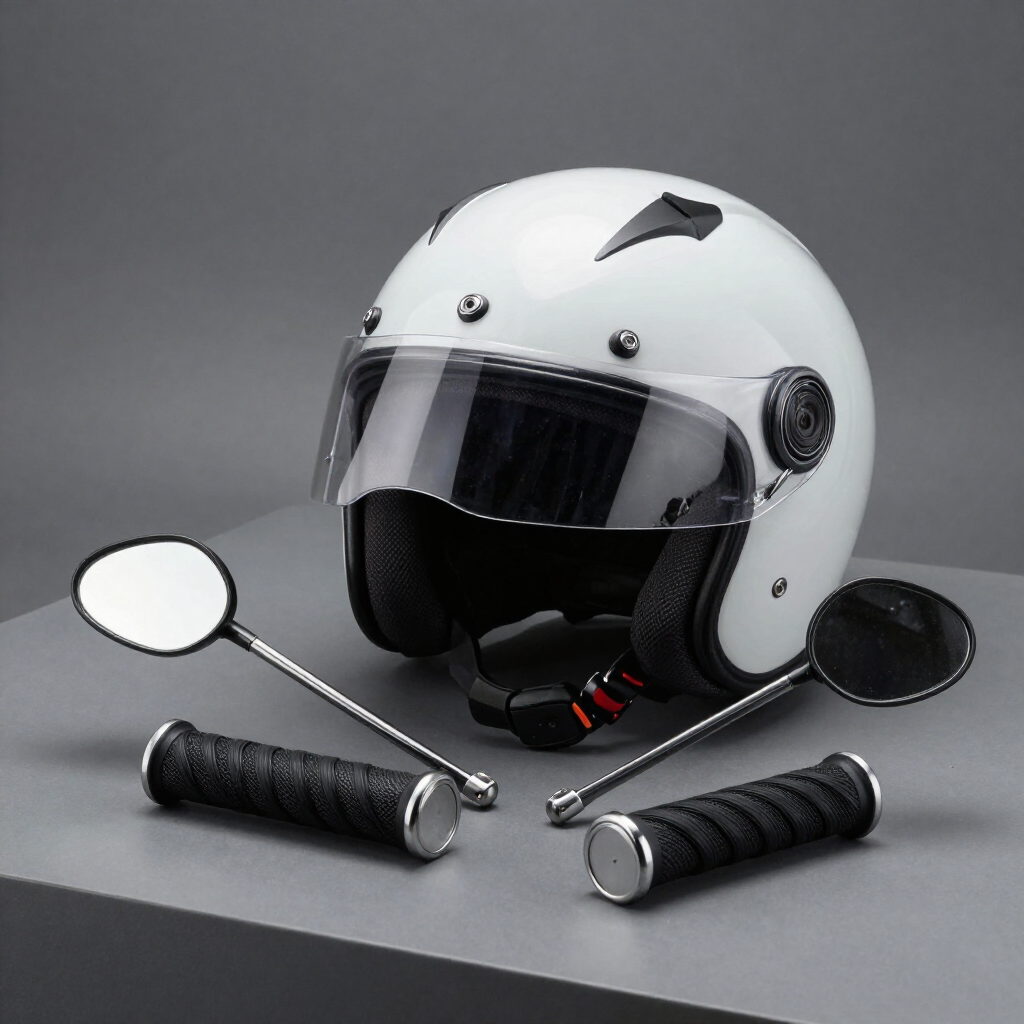 Casco de moto blanco con visera oscura y dos puños de manillar negros sobre una superficie gris