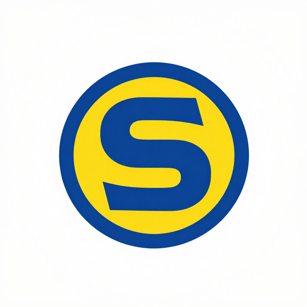 Logotipo circular azul y amarillo con una letra S estilizada en el centro