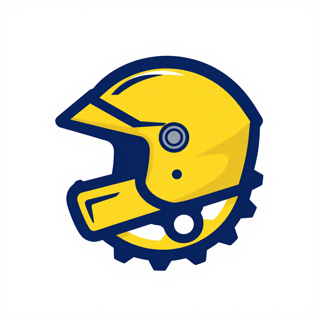 Logotipo de un casco de motocicleta amarillo, con contorno azul y base dentada