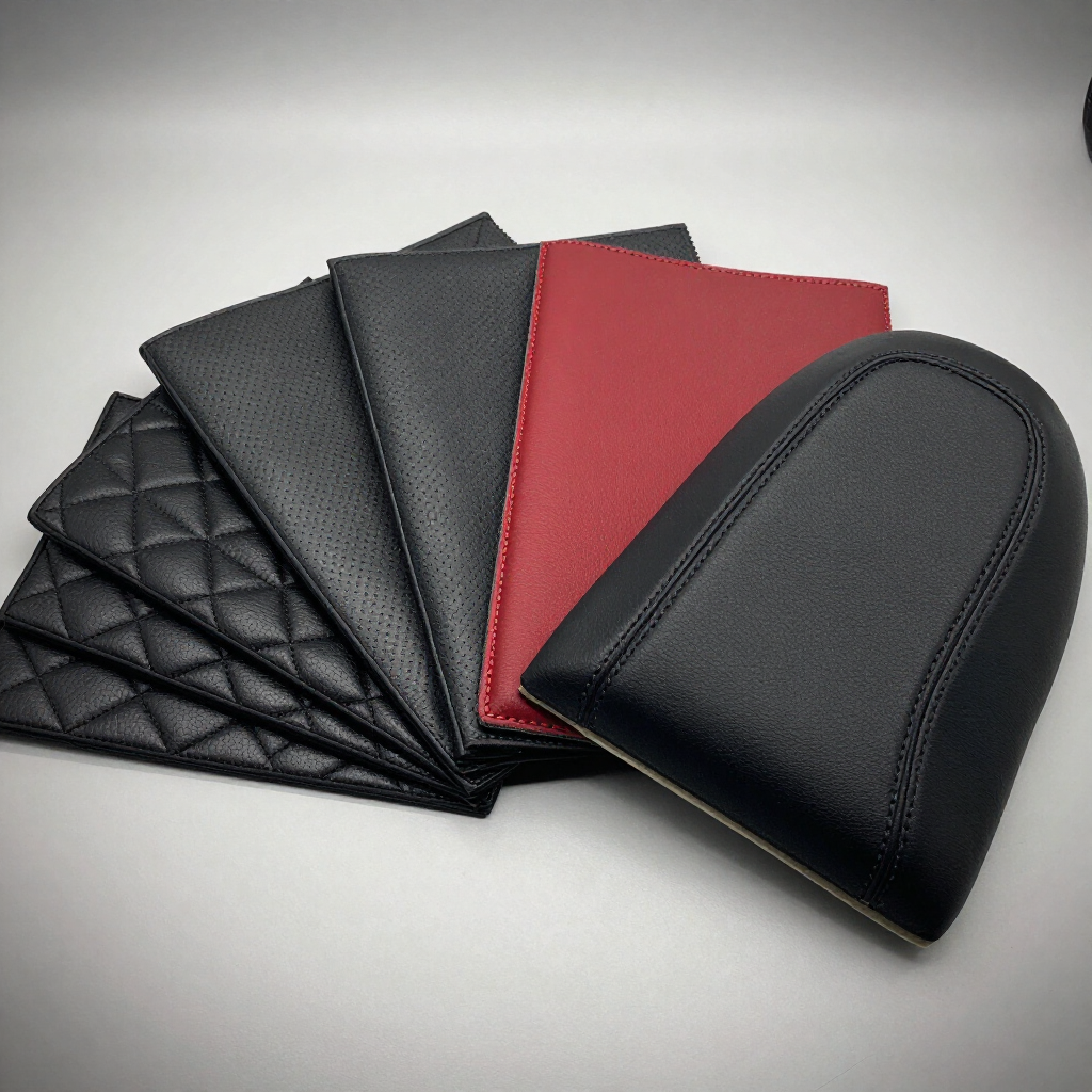 Carteras y tarjeteros variados de cuero, en negro y rojo, sobre una superficie gris claro