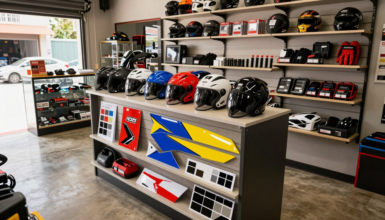 Interior de una tienda de cascos para motocicleta, con cascos expuestos en estanterías y un mostrador central