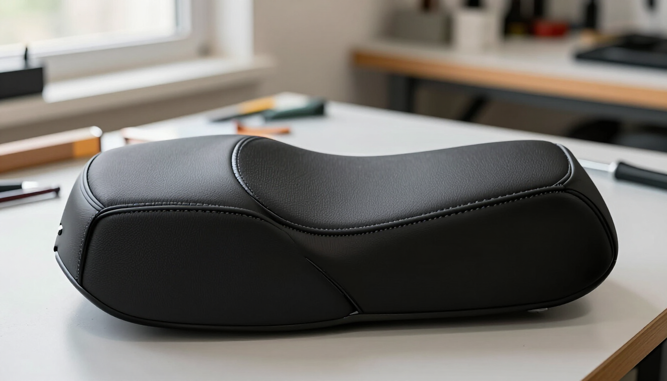 Cojín ergonómico negro para asiento sobre un escritorio junto a una ventana