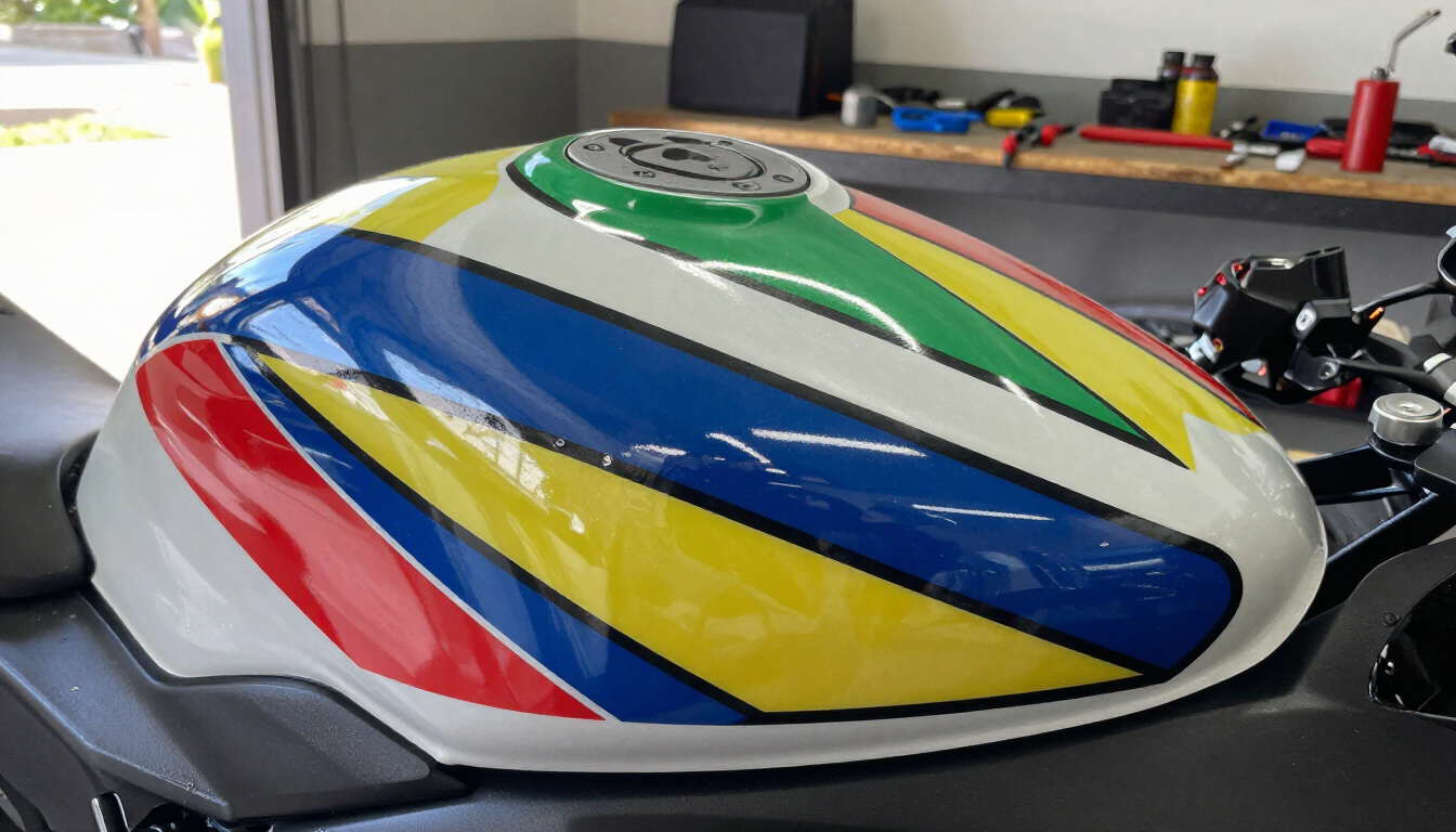Depósito de combustible de motocicleta con franjas de colores verde, azul, amarillo y rojo, en un garaje o taller.