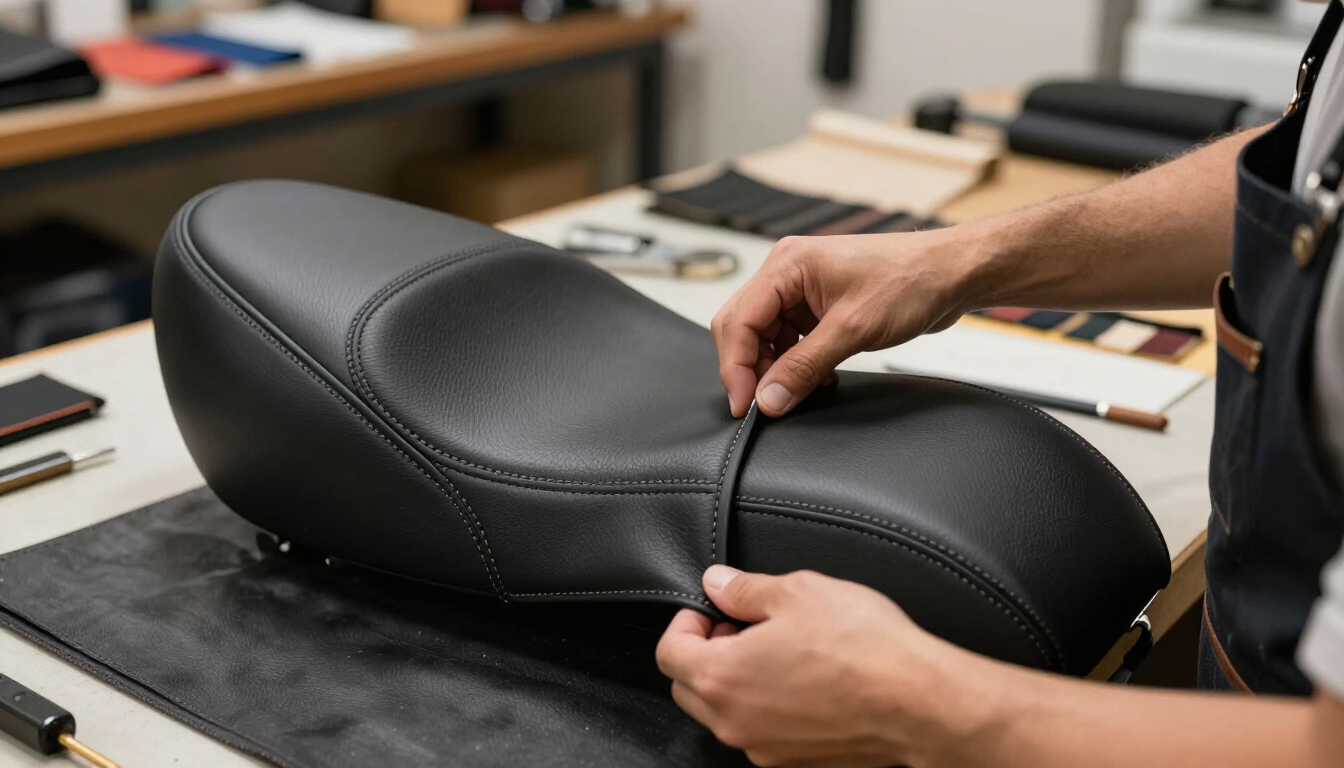 Manos ajustando las costuras de un asiento de motocicleta negro en un taller