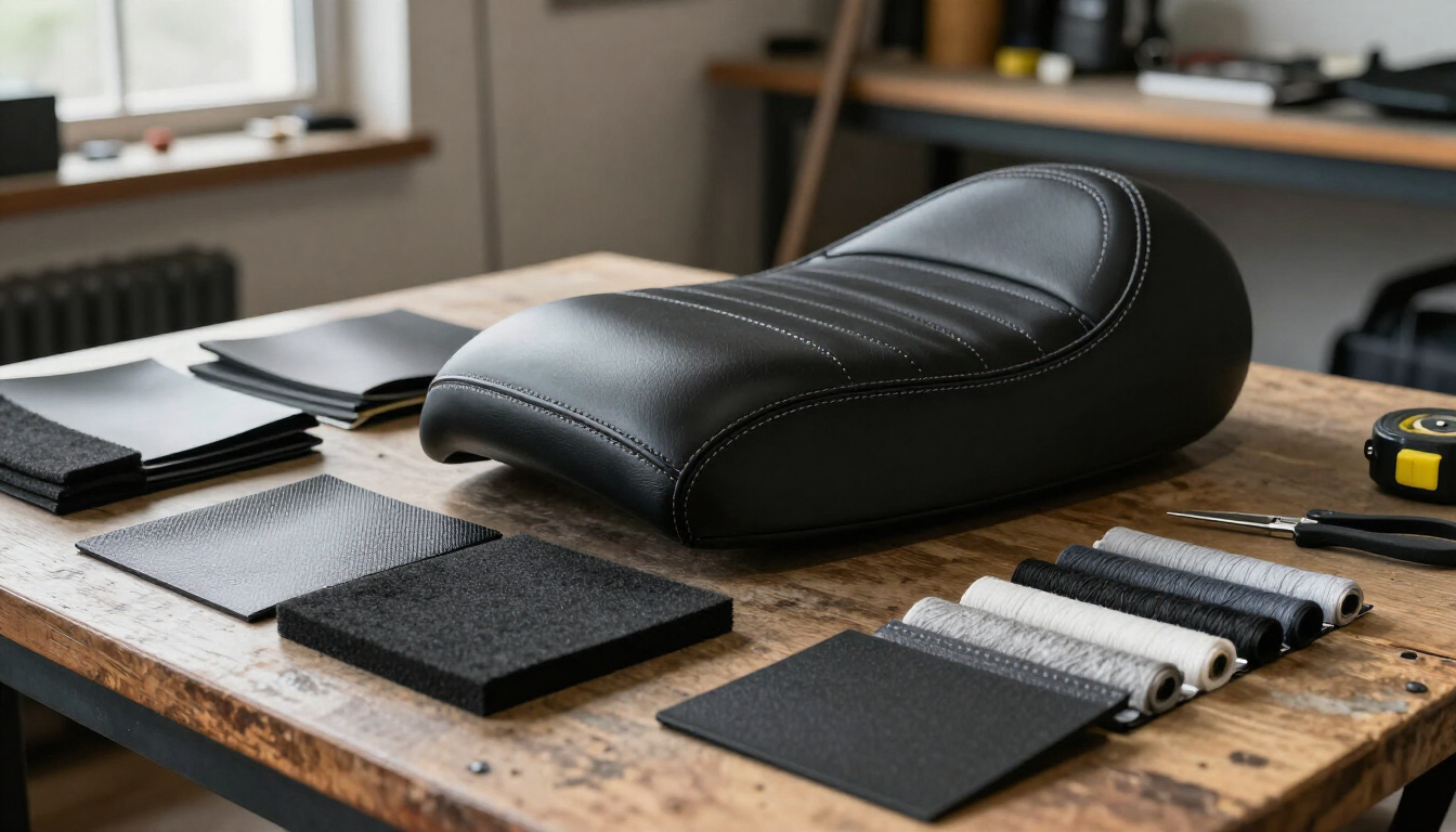 Asiento de cuero negro para motocicleta sobre un banco de trabajo, con herramientas y muestras de tela.