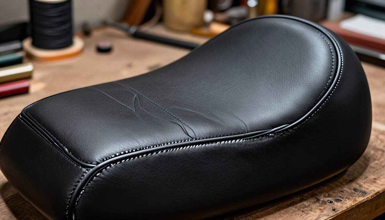 Asiento de cuero negro para motocicleta sobre un banco de trabajo