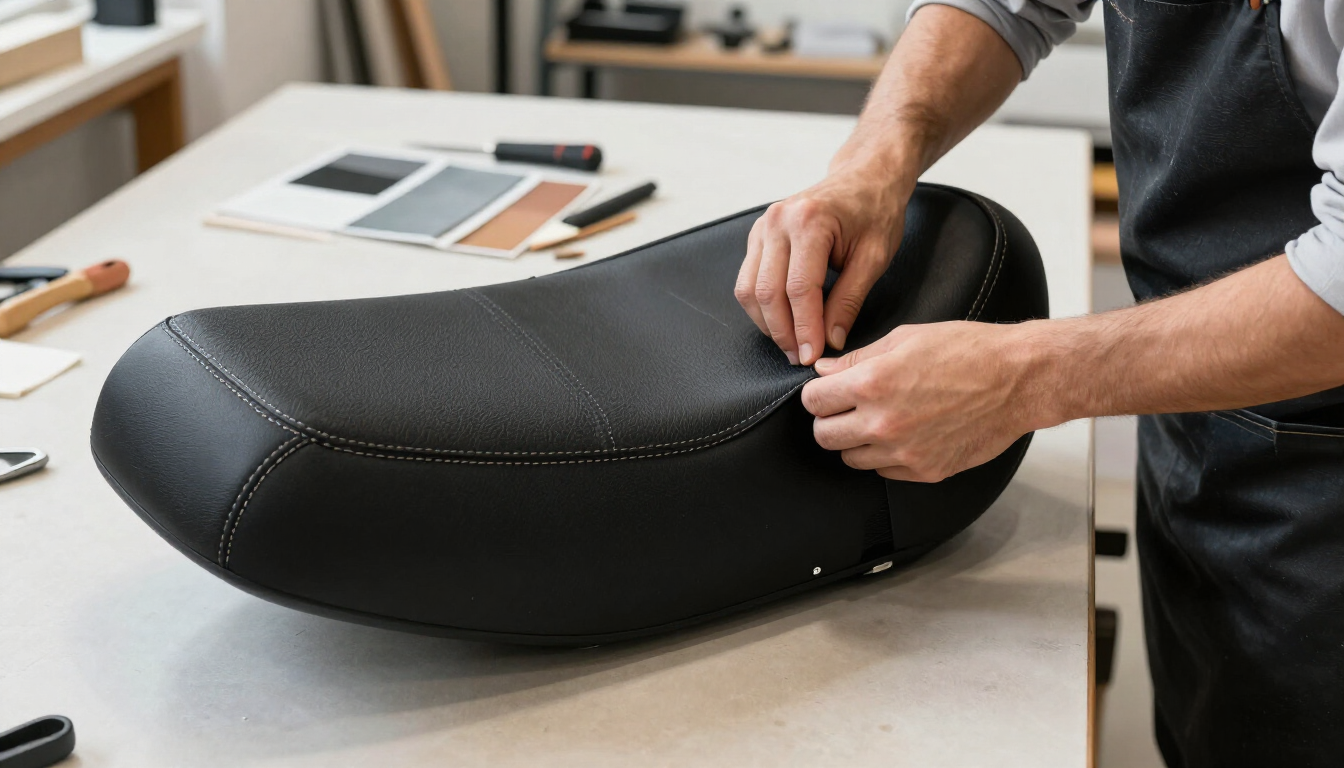 Una persona fija una funda negra tapizada en una mesa de trabajo.