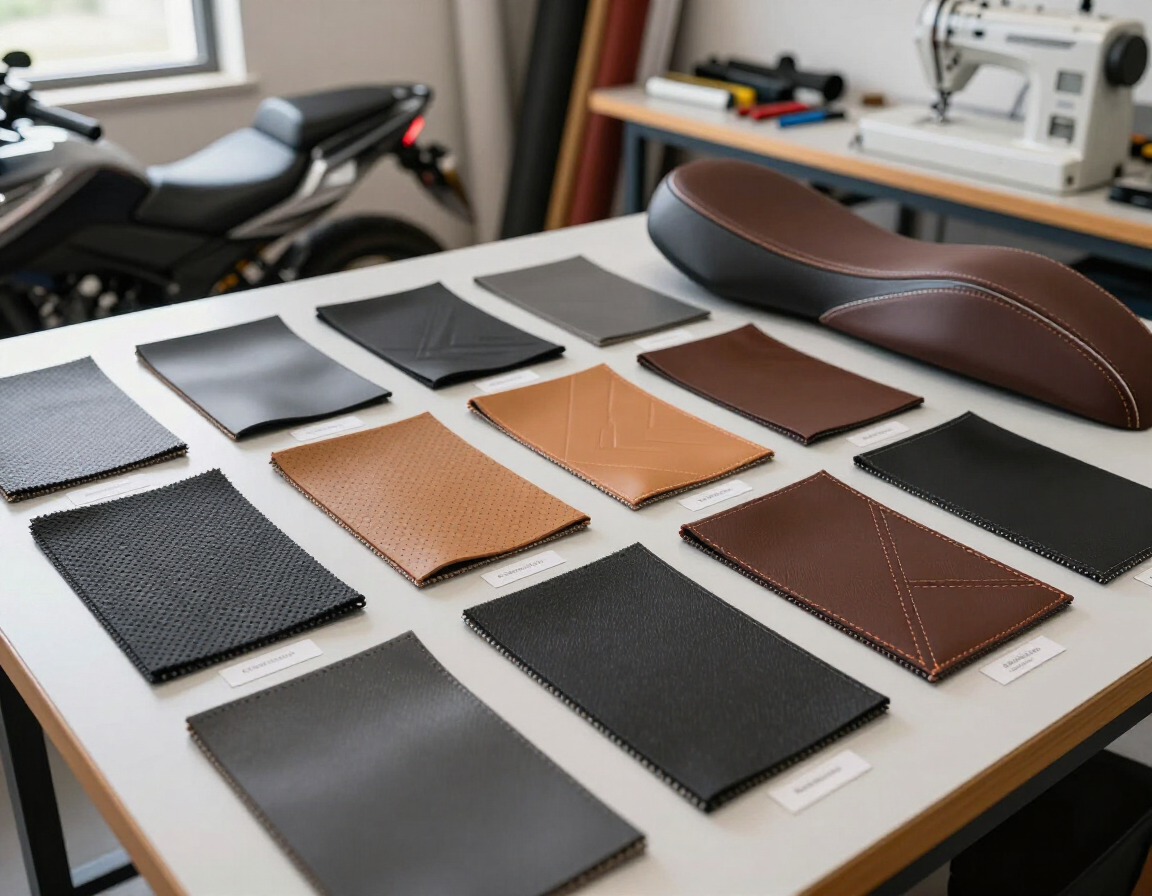Muestras de cuero negras, grises, color tostado y marrones sobre una mesa de trabajo en un taller