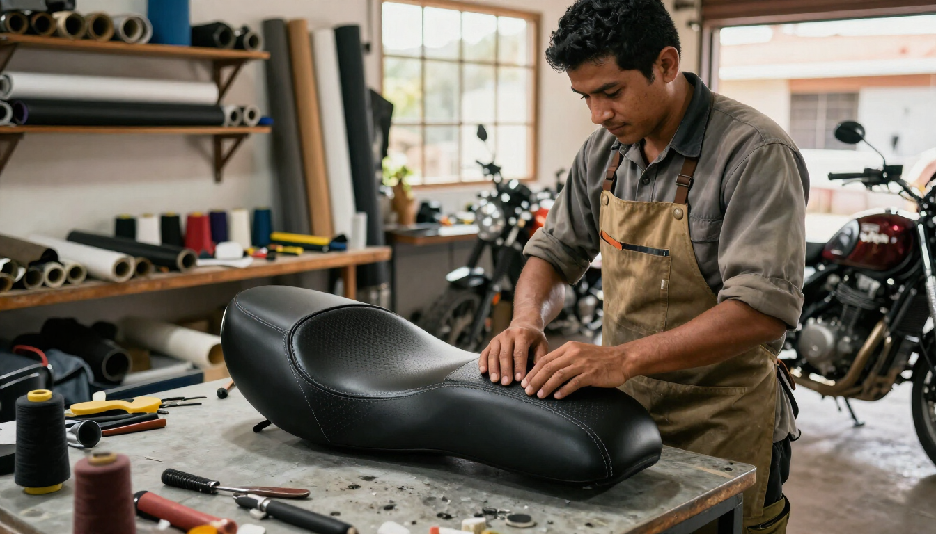 Un mecánico dando forma a un asiento negro de motocicleta en un taller