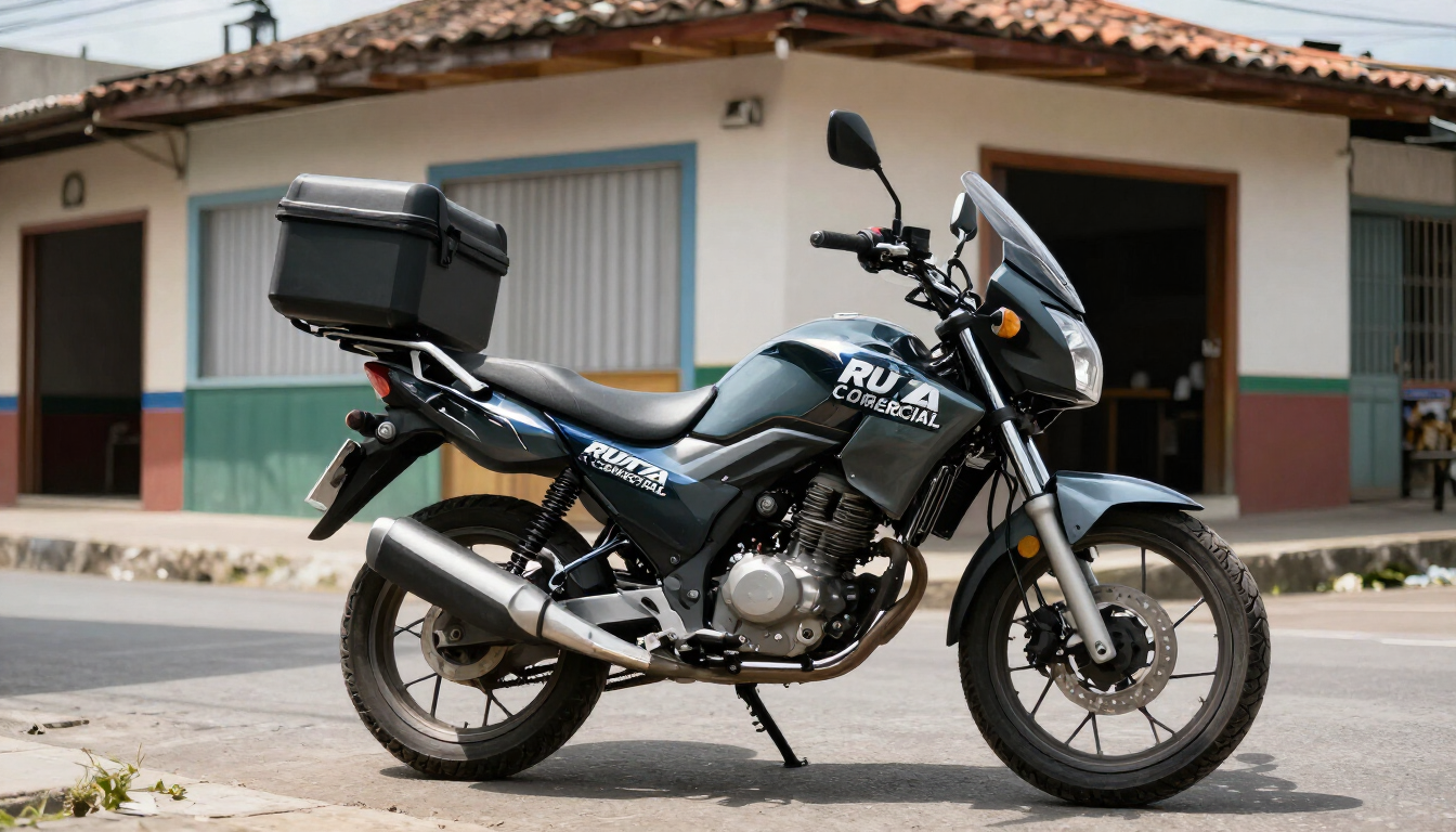 Motocicleta touring negra estacionada en una calle frente a una casa con tejado de tejas.