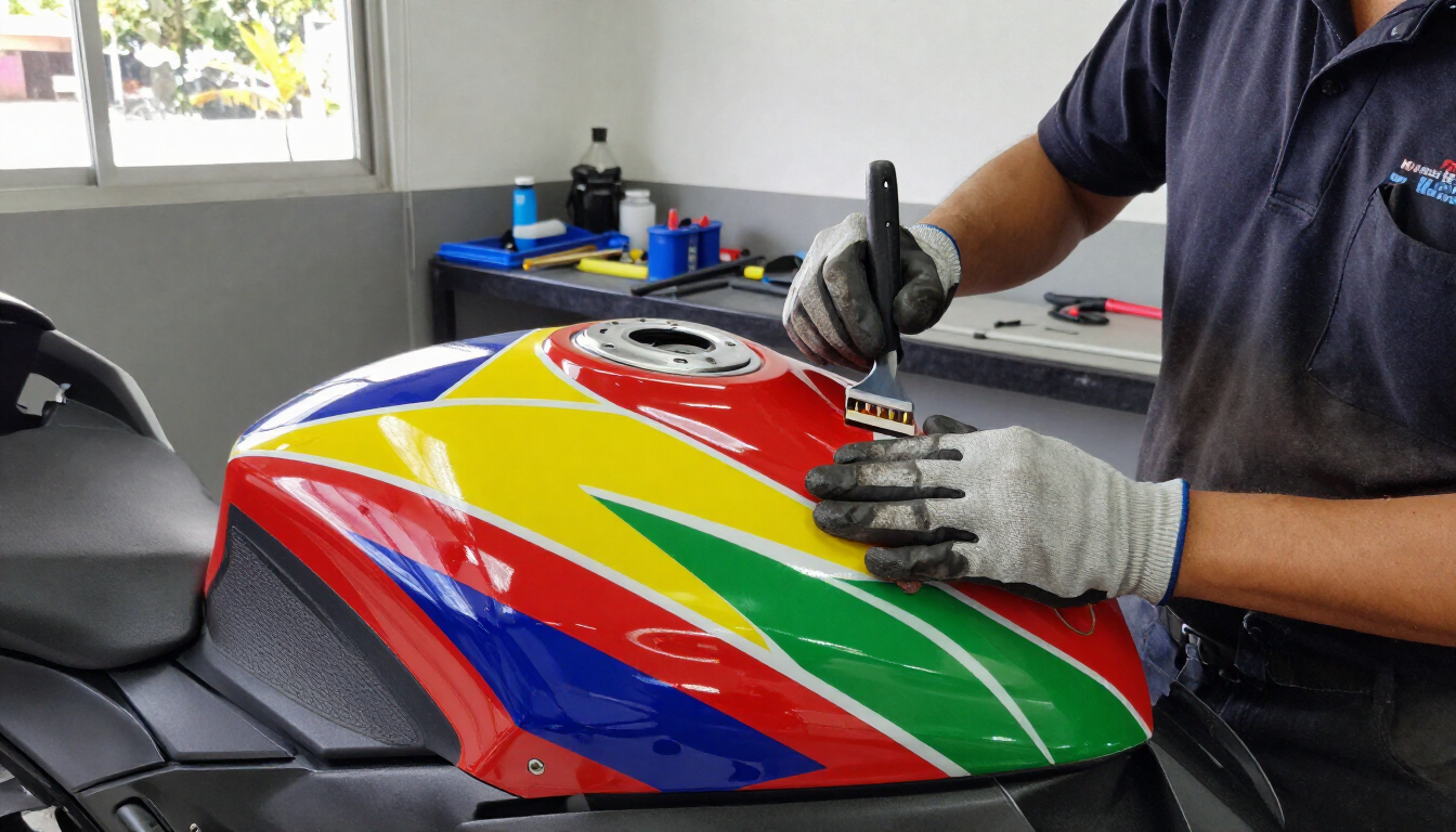 Una persona pinta a mano el depósito rojo de una motocicleta con franjas amarillas, verdes y azules brillantes en un taller