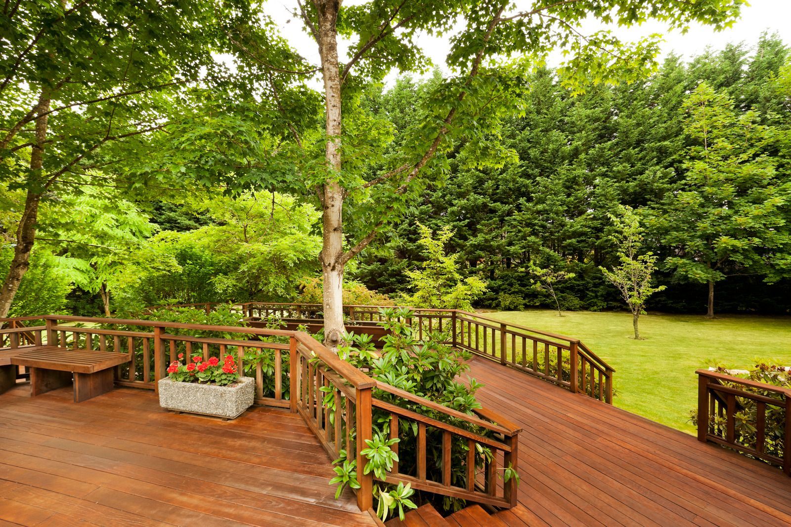 Wooden deck with planters overlooking a lush green garden and trees