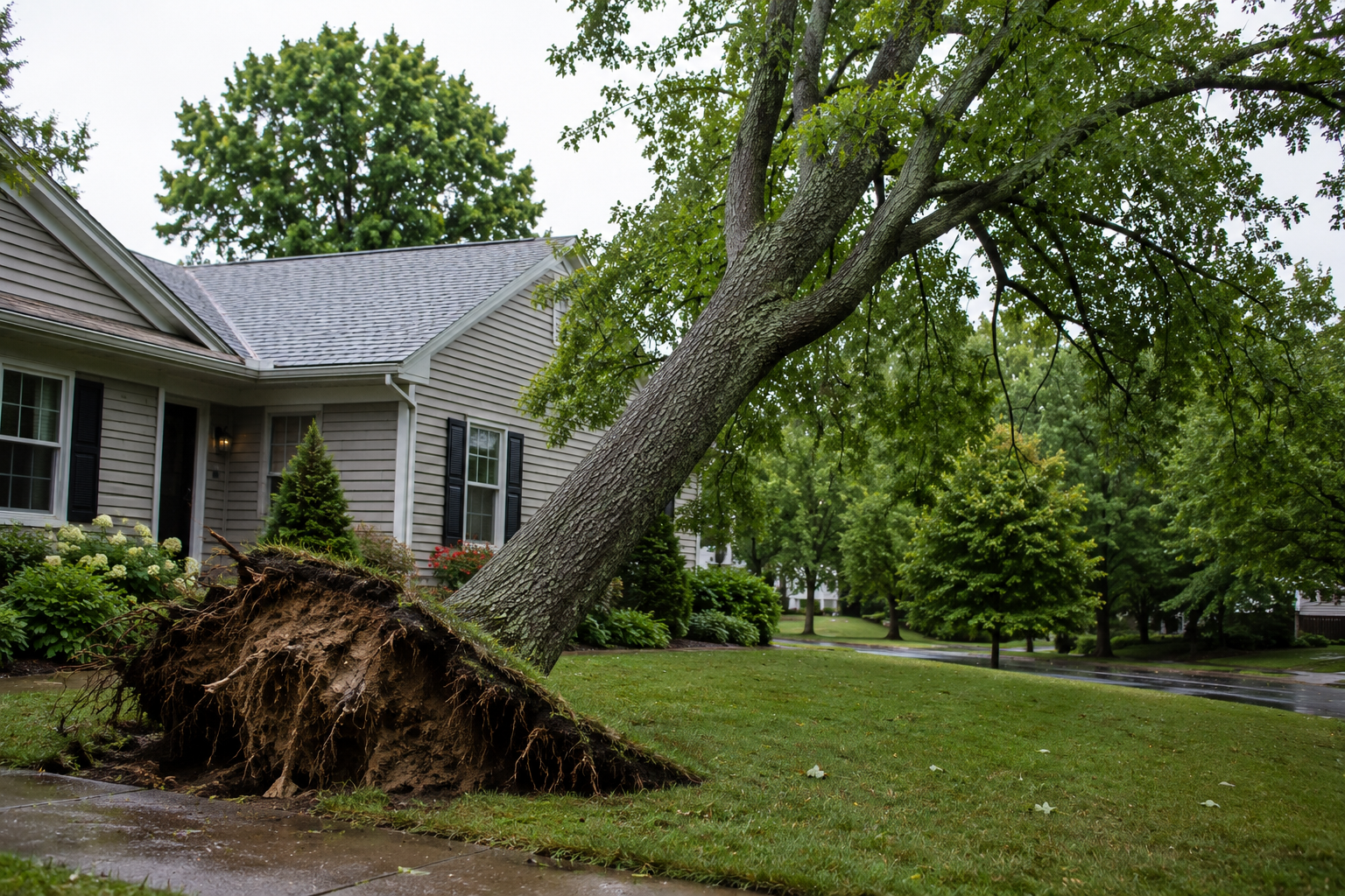 Uprooted tree leaning against a house after storm damage, with roots exposed on the lawn.