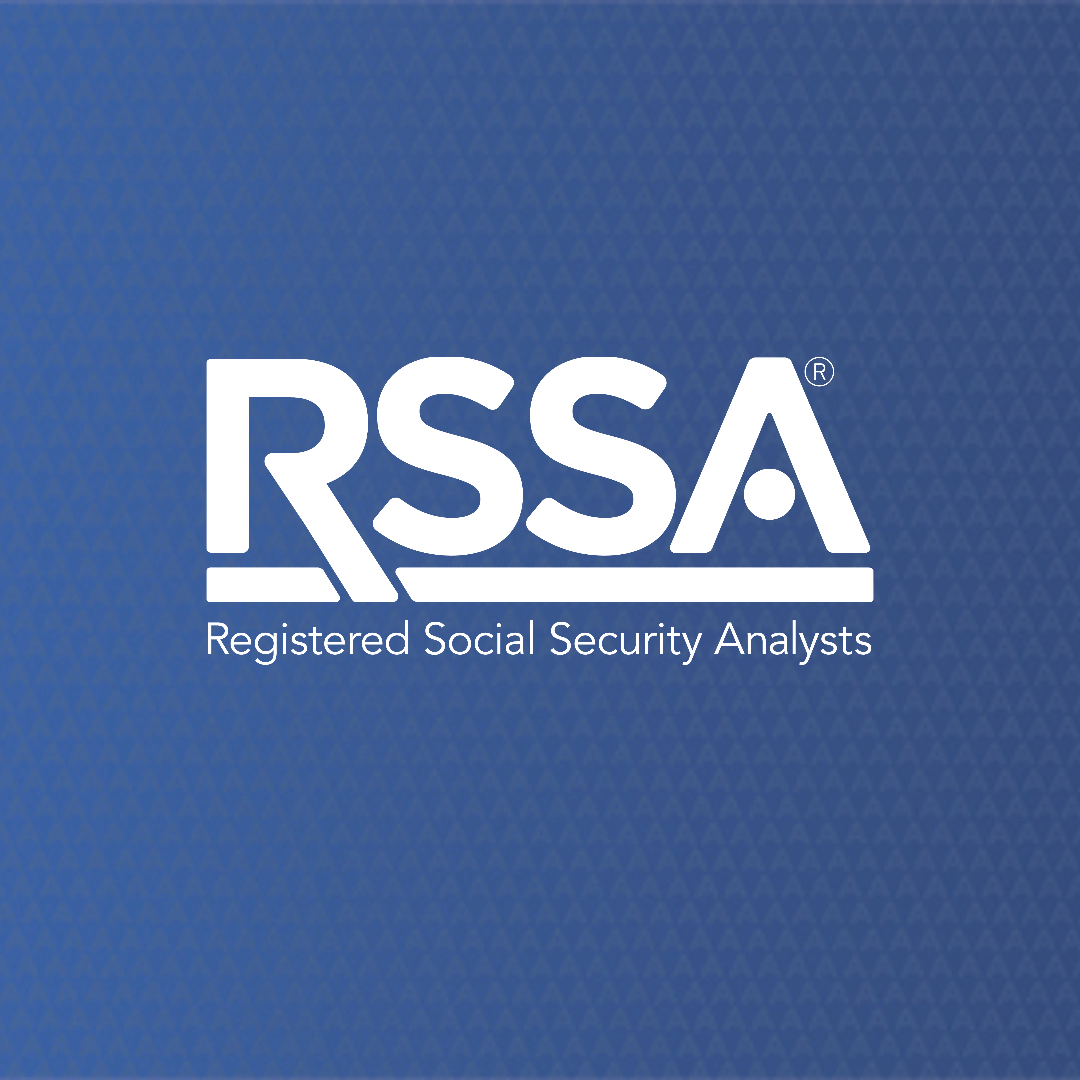 Logo for Registered Social Security Analysts: white text on a blue background. The letters