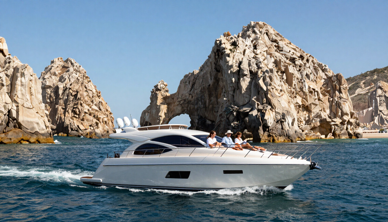 Photorealistic private yacht cruising near the Arch of Cabo San Lucas in clear blue water