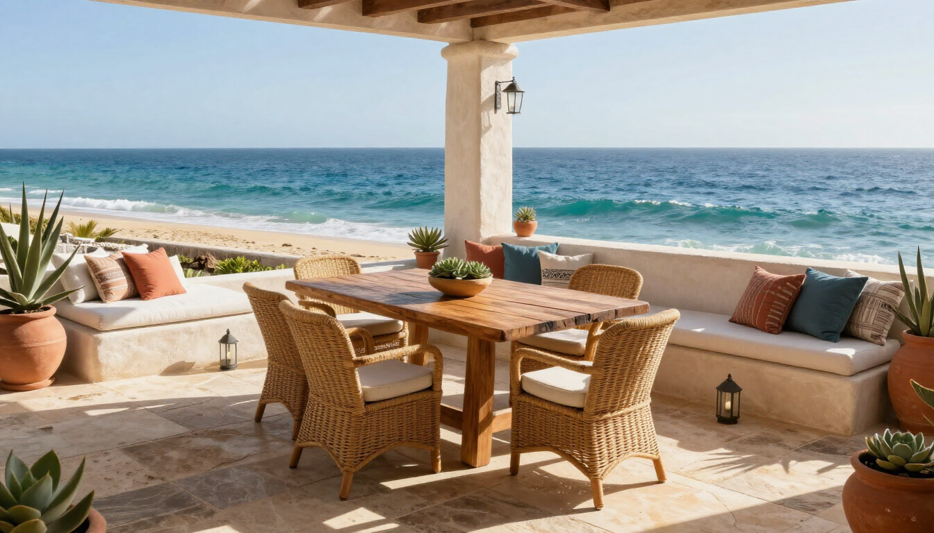 Photorealistic Cabo vacation rental patio with ocean views and outdoor dining