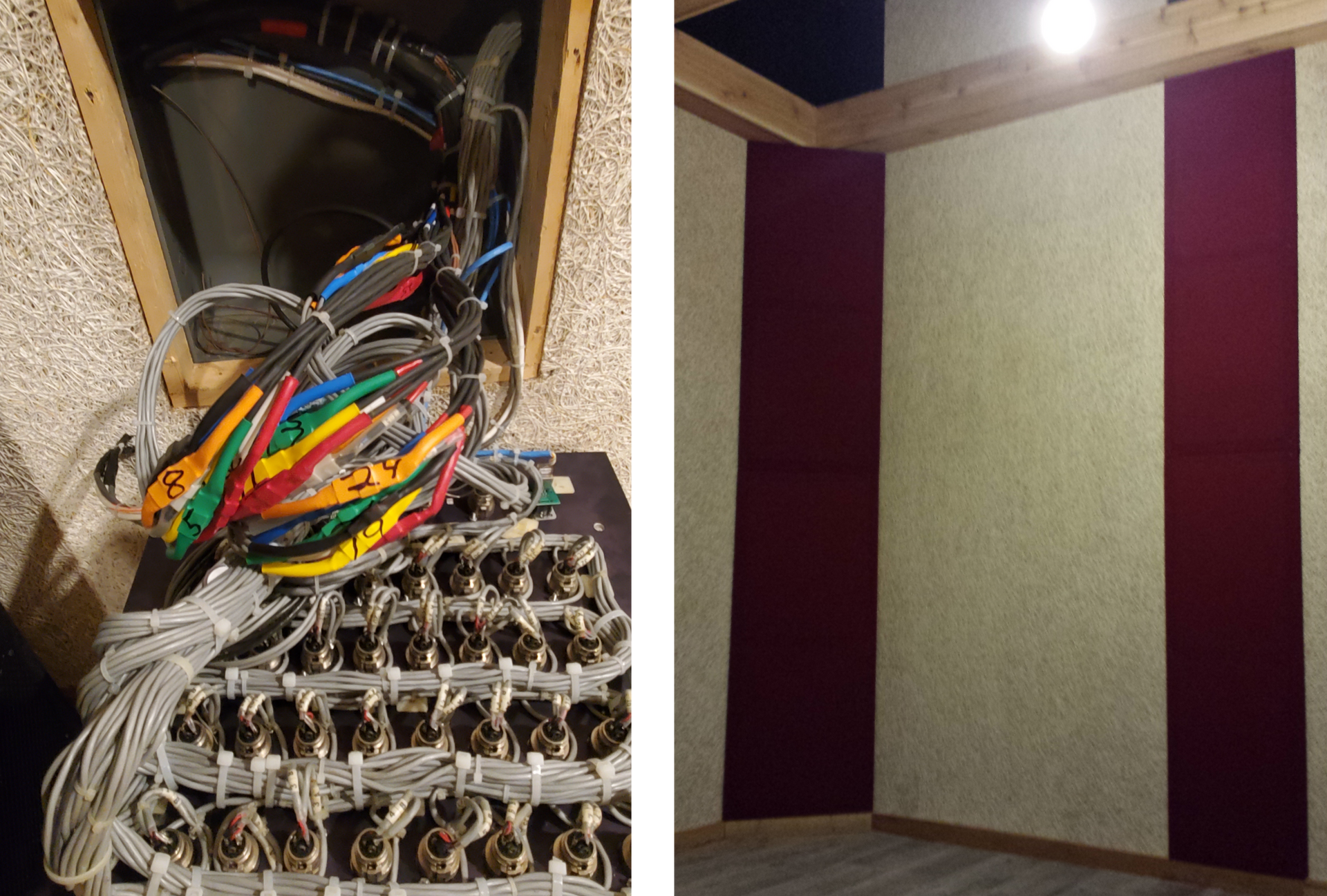 A side-by-side view showing a bundle of colorful electronic wires behind a wall and a room corner with acoustic panels.