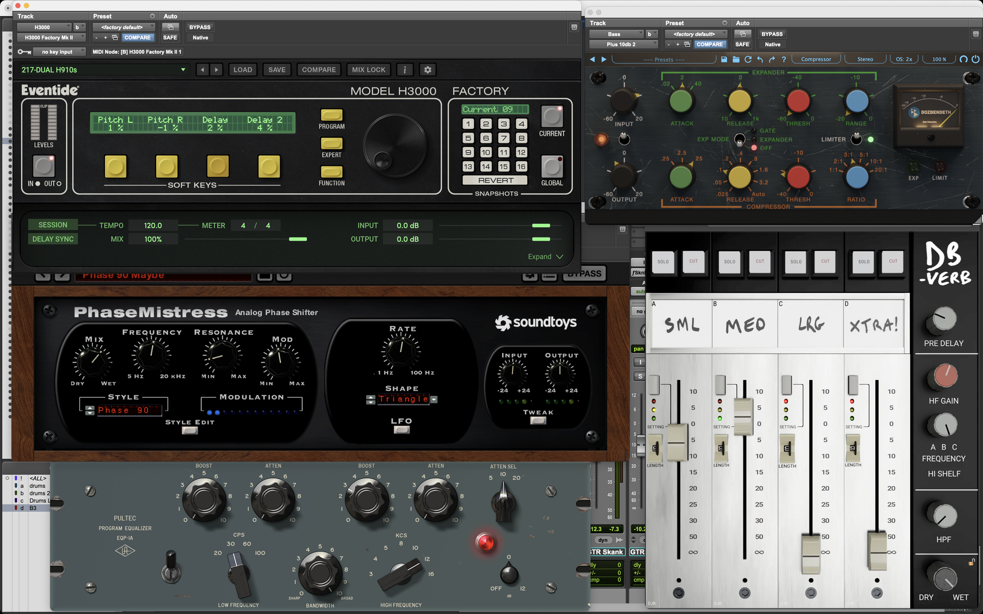 Digital audio workstation interface showing a collection of virtual mixing plugins and a channel strip mixer.