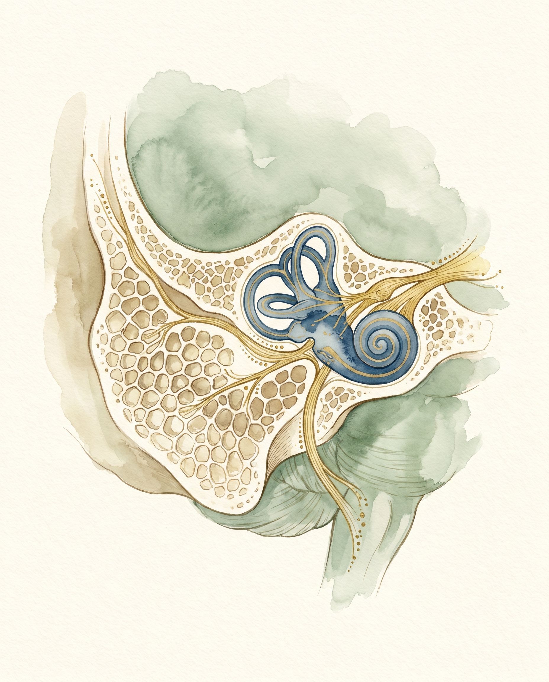 Cirugía de base de cráneo lateral — ilustración acuarela del hueso temporal y estructuras neurootológicas