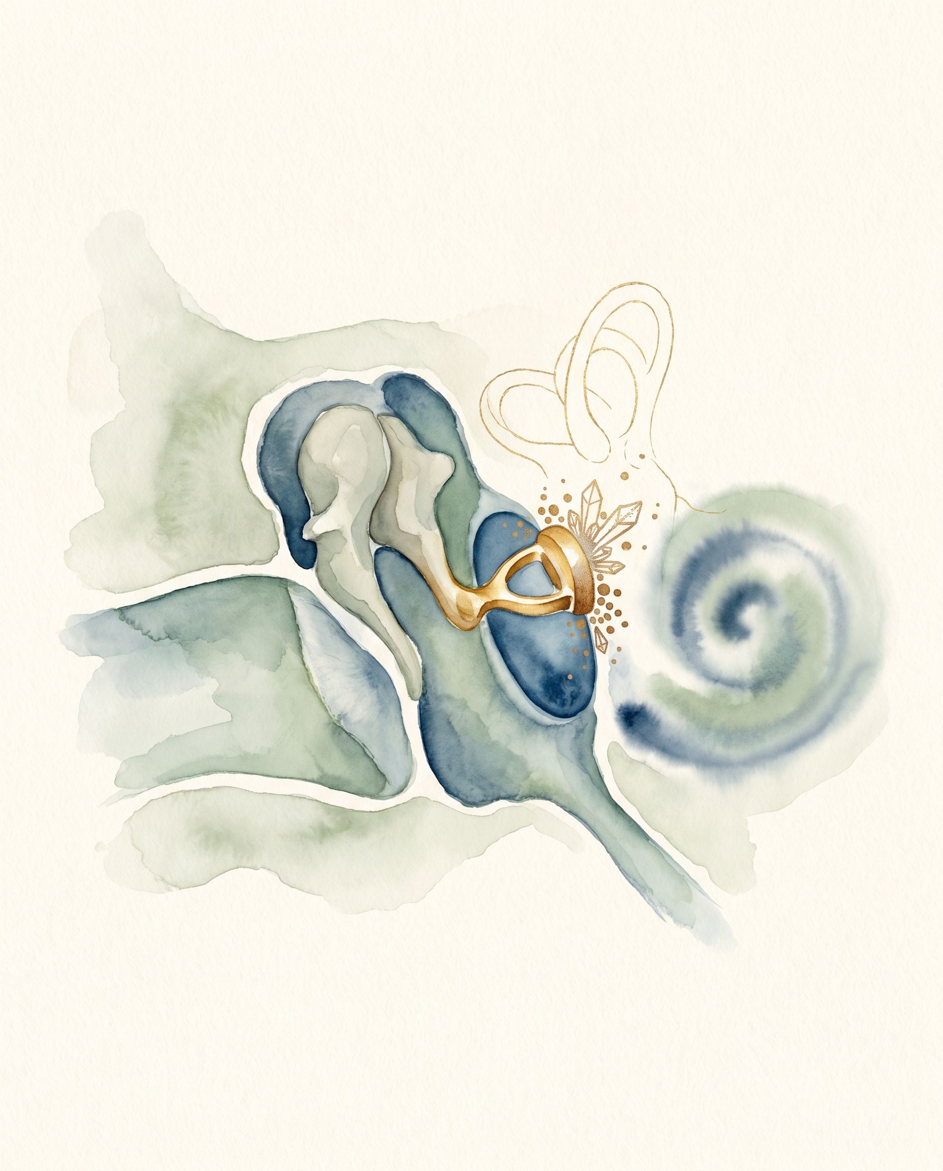 Otosclerosis — ilustración acuarela del oído medio mostrando el estribo fijado a la ventana oval