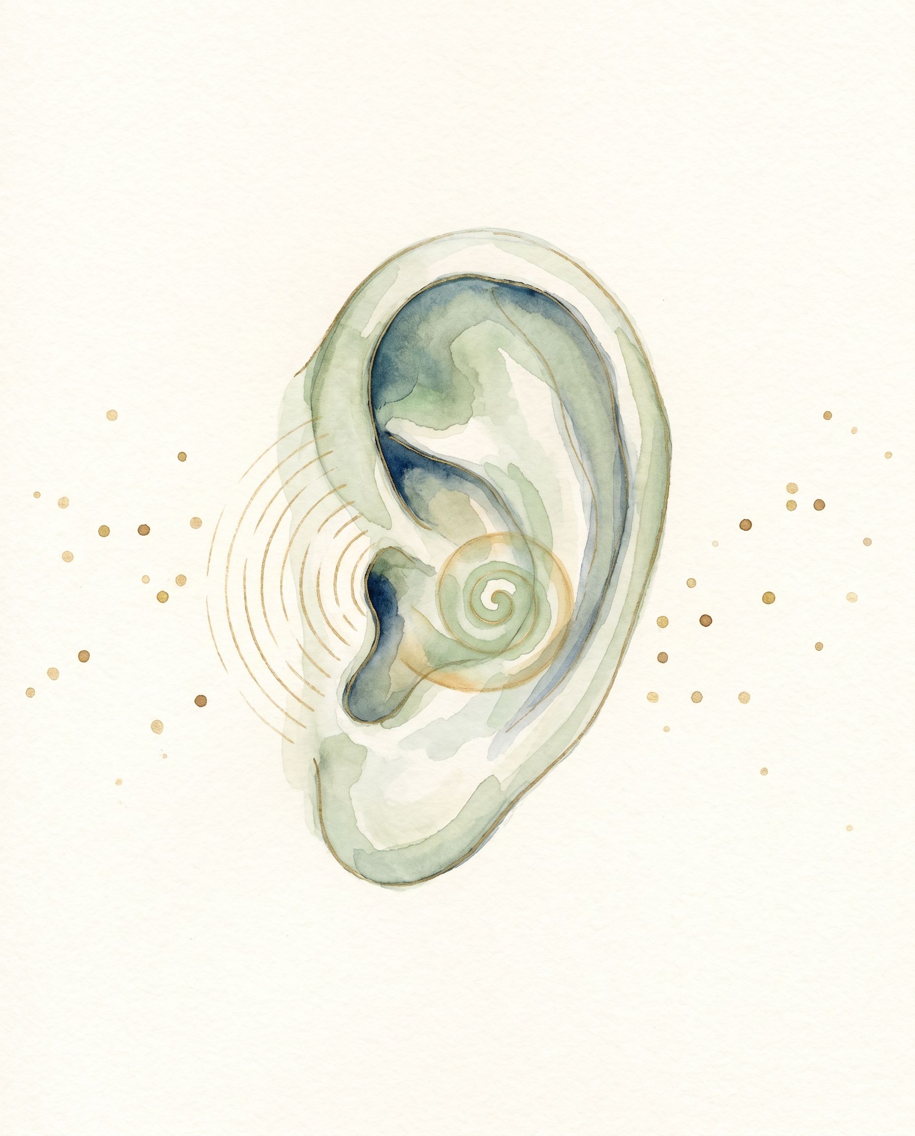 Tinnitus — ilustración acuarela del oído con ondas sonoras internas