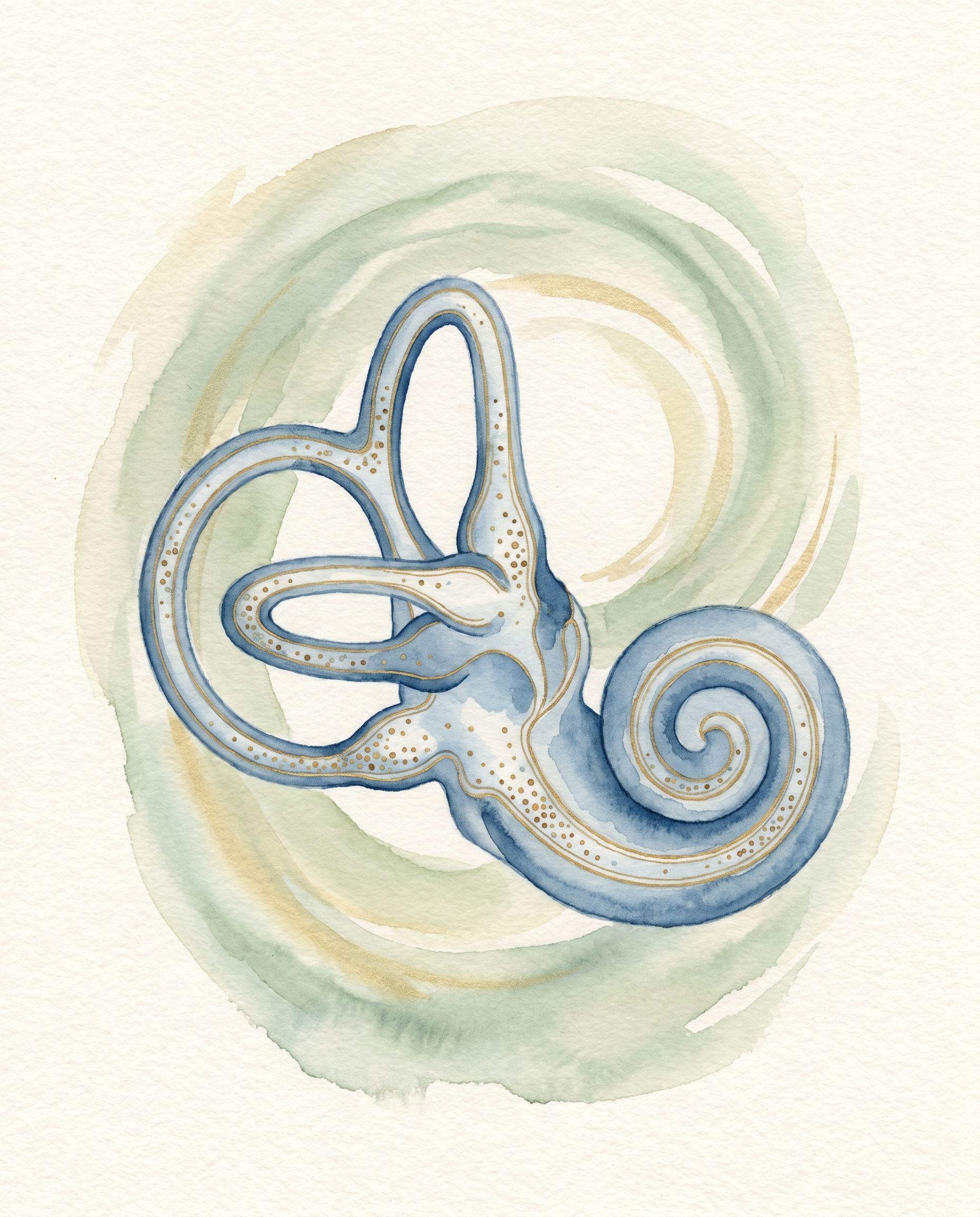 Vértigo y enfermedad de Ménière — ilustración acuarela de los canales semicirculares y la cóclea