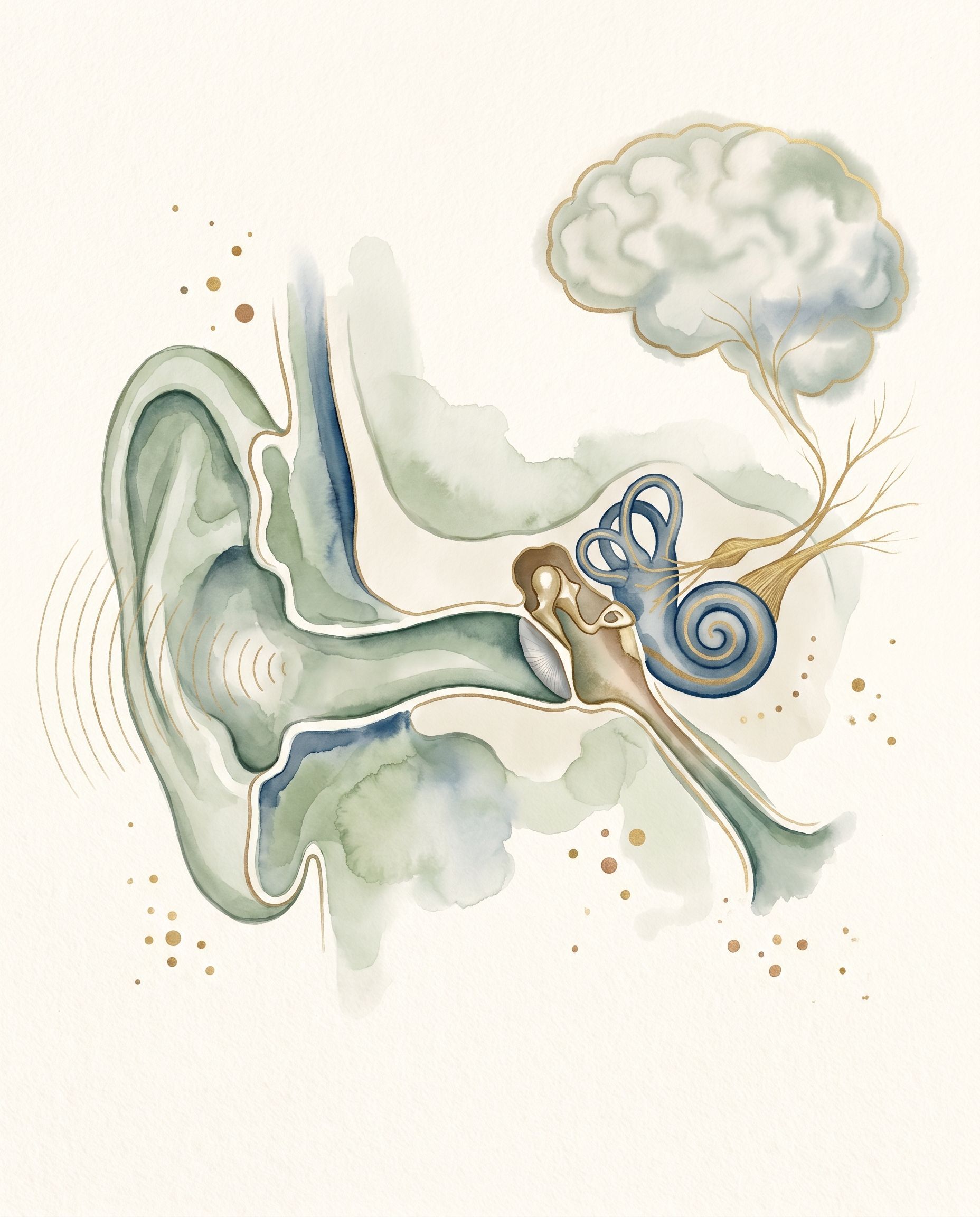 Pérdida auditiva — ilustración acuarela de la vía auditiva completa desde el oído al cerebro