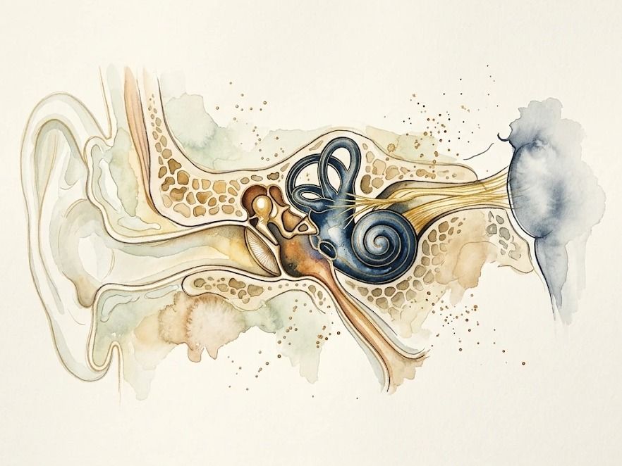 Ilustración del oído externo, medio e interno, el nervio auditivo y la base lateral del cráneo: el territorio de la neurotología