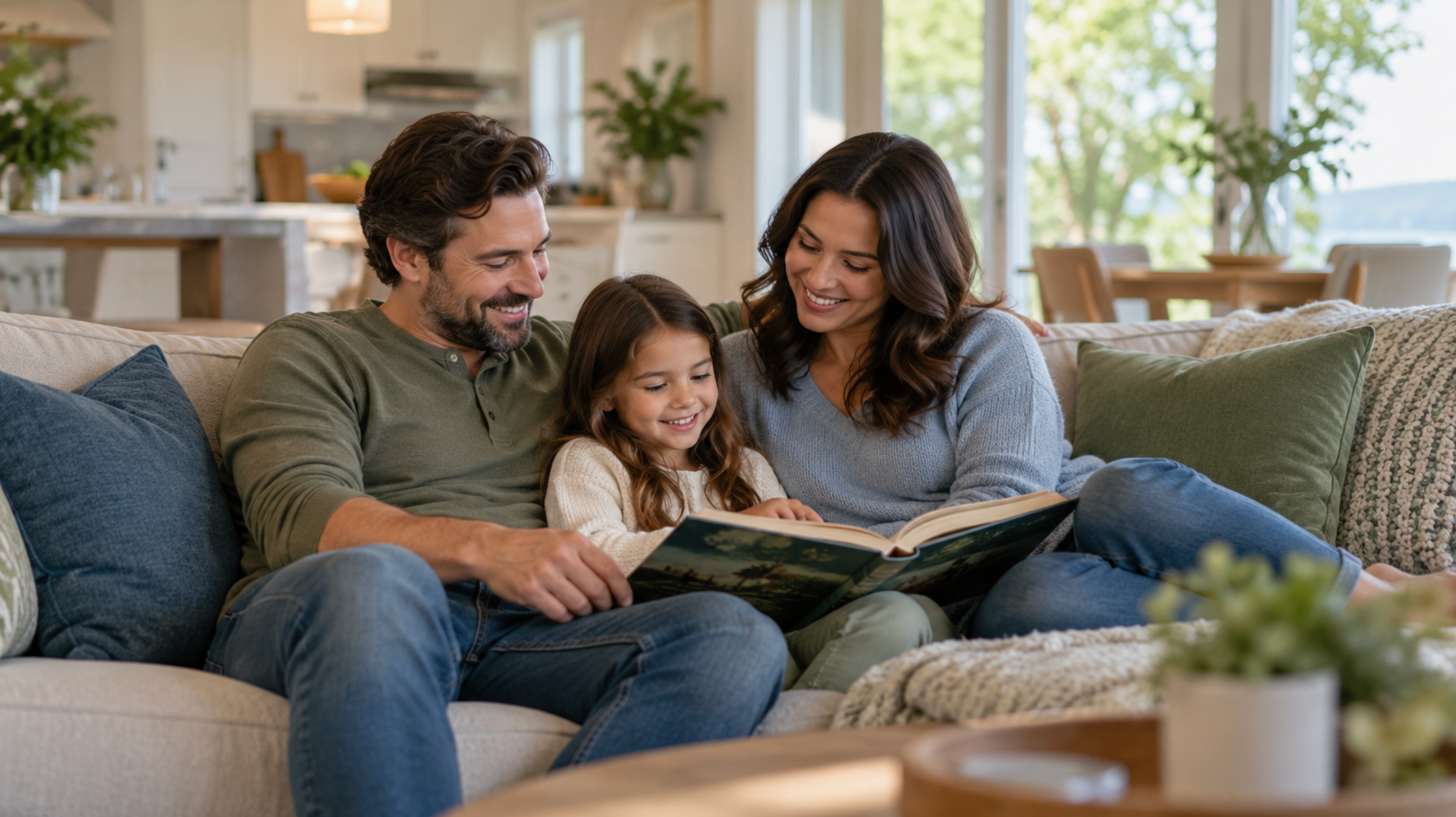 Parents and their young daughter reading together on a sofa in a bright living room