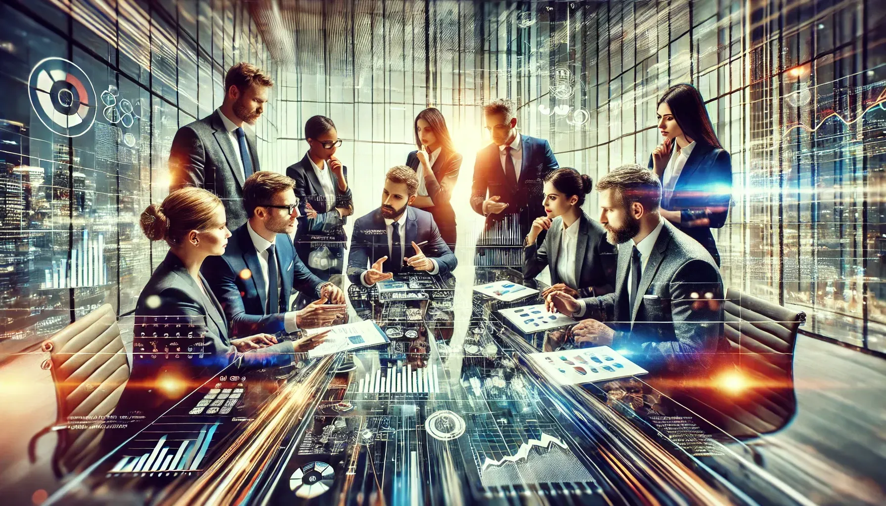 A group of business people are sitting around a table in a conference room.