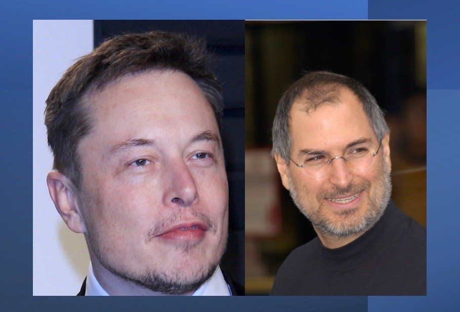 Elon musk and steve jobs are standing next to each other on a blue background.